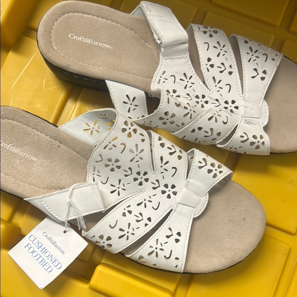 Croft & Barrow White Slide Sandals with Floral Cutouts